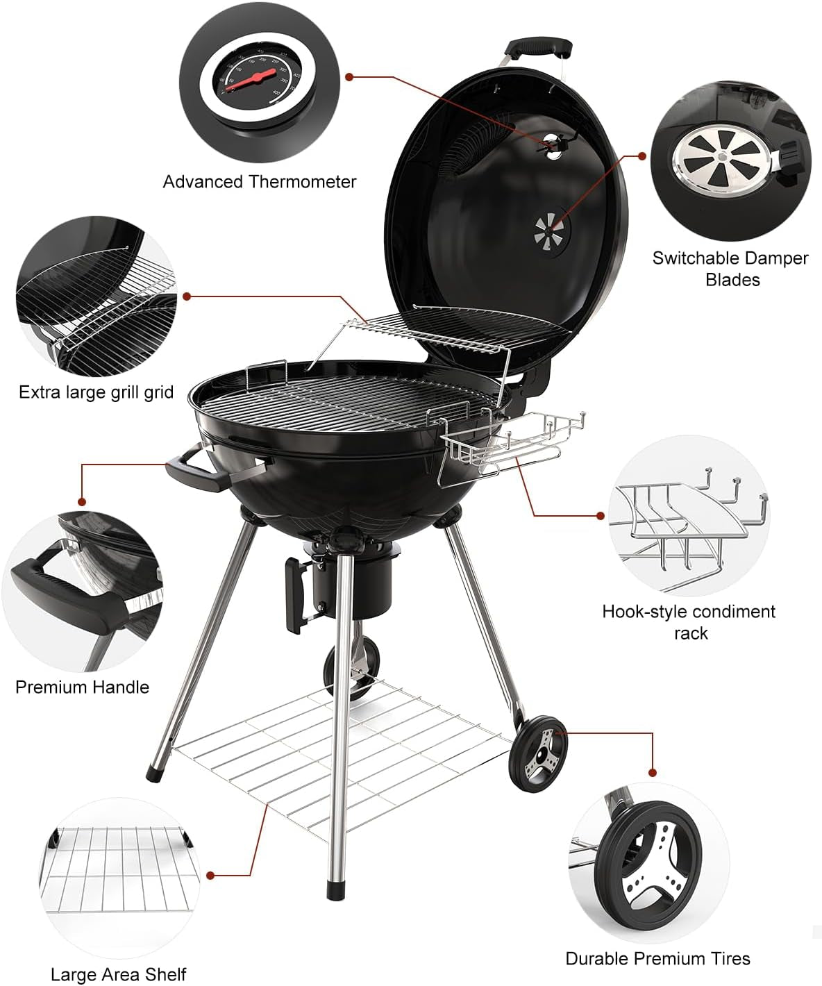 22 Inch Premium BBQ Charcoal Grill. Outdoor Barbecue Kettle Grill. Smoker Grills over 500 Square Inches 2-Tier Cooking Space. Perfect for Outdoor BBQ Party and Patio. Black - Image 3