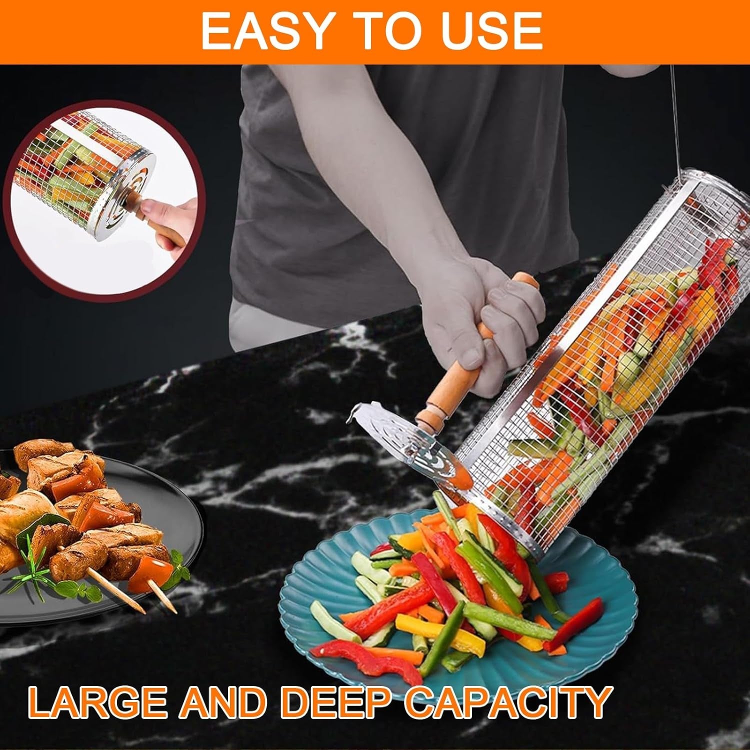 Rolling Grilling Baskets for Outdoor Grill 2 Pcs.Removable Wooden Handle.Perfect Gifts for Men Dad Husband.Portable Camping Nesting Grill Baskets for Fish. Shrimp. Meat. Vegetables - Image 7