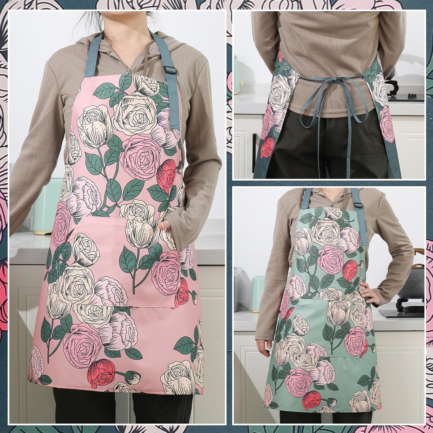 3 Pack Floral Aprons for Women with 2 Pockets. Women Aprons Waterproof Adjustable Cooking Aprons for Kitchen. Gardening. Baking. Salon Apron Gift for Mom Wife Sister Grandma - Image 6