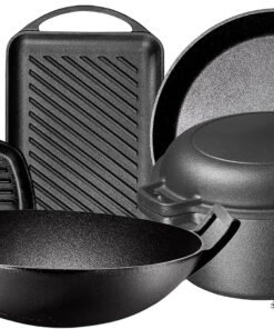 Pre Seasoned Cast Iron 7 Piece Bundle Gift Set. Double Dutch. Rectangular Grill Pan. Wok. Large Skillet. Square Grill Pan & Chainmail. Camping Cookware Set