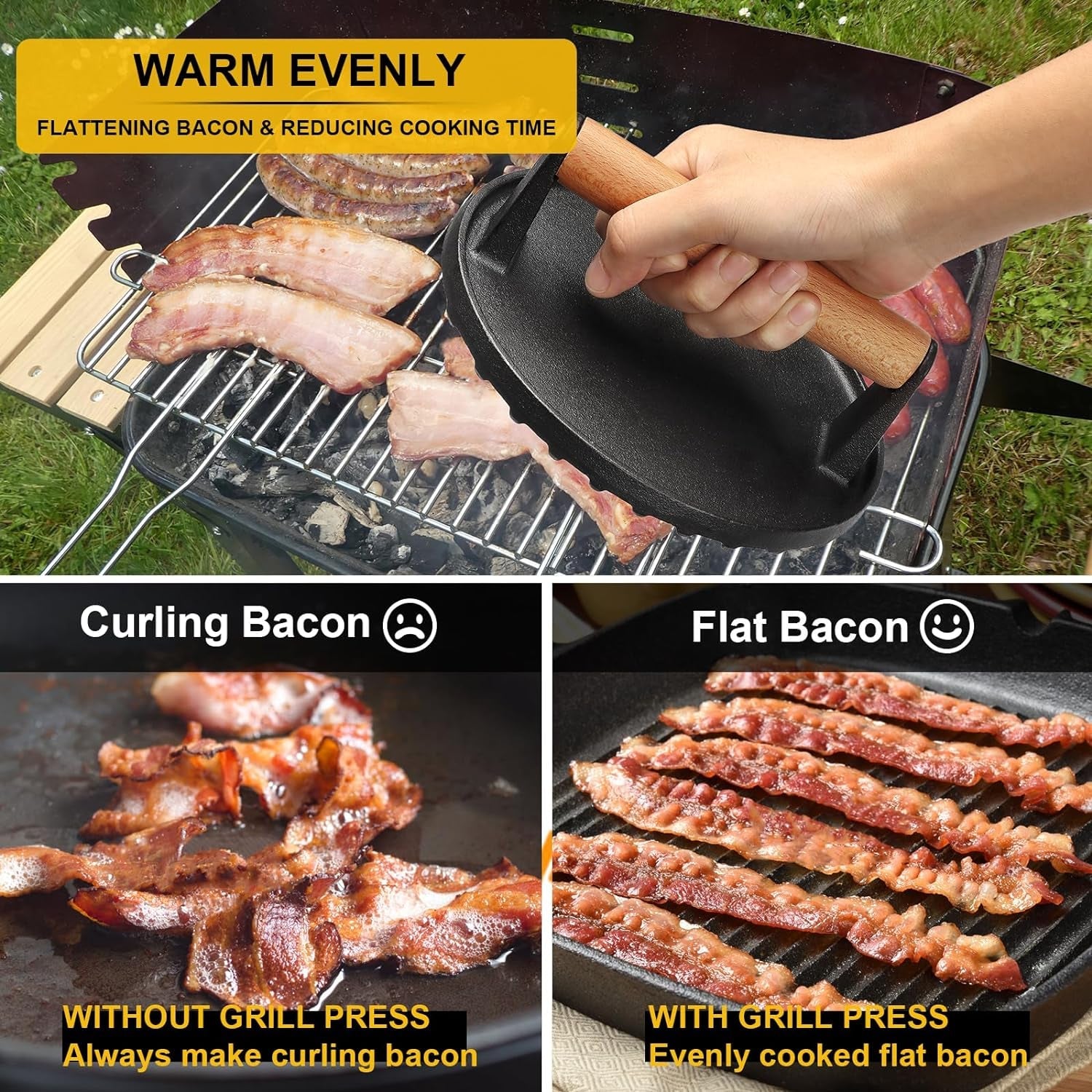 AIVIKI Burger Press. Smash Burger Press for Blackstone Griddle. Heavy Duty Cast Iron round 6.9In Bacon Grill Press with Wood Handle. Meat Steak Weight for Sandwich. Paninis (Round) - Image 4