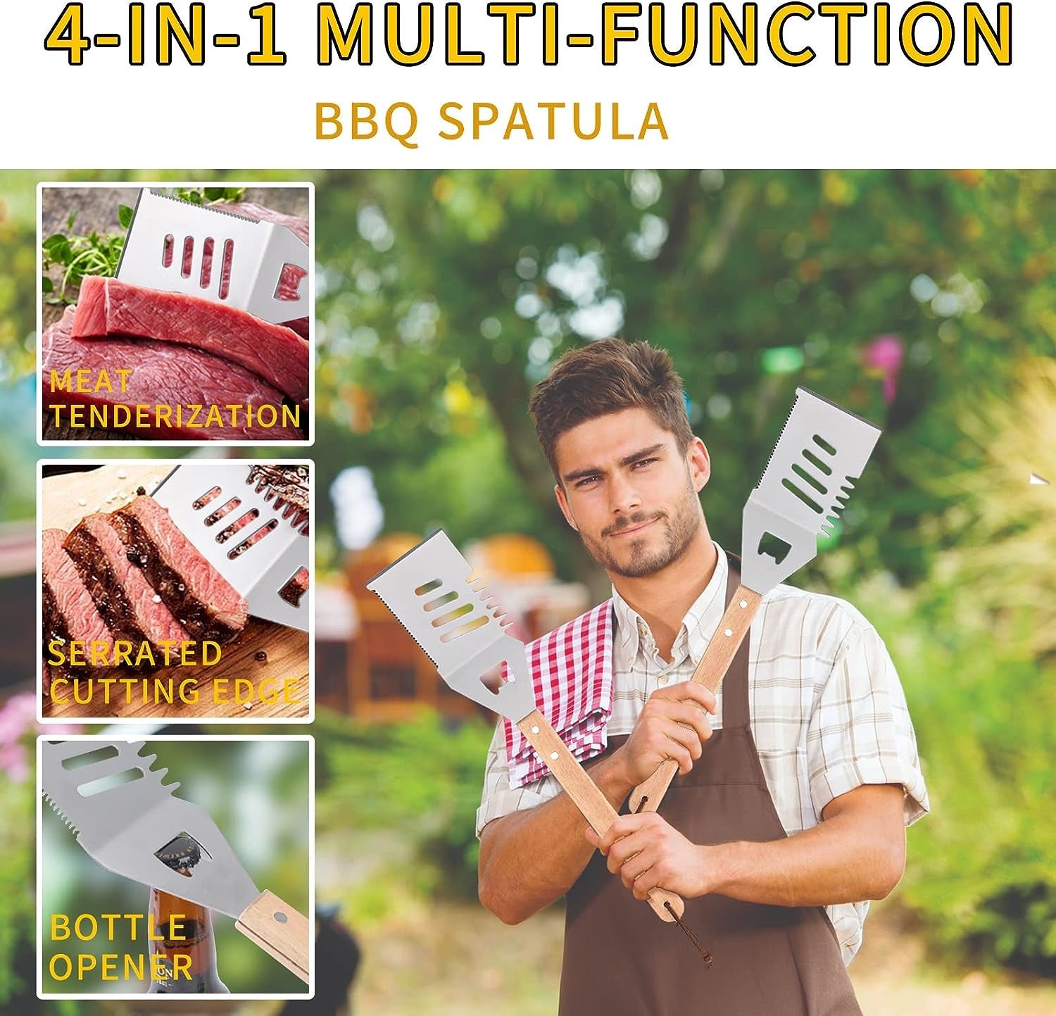 Qinshaine 4-In-1 BBQ Spatula. Multifunction Grill Spatula with Wooden Handle. Perfect for BBQ Grills and Kebabs for Camping Picnics - Image 7