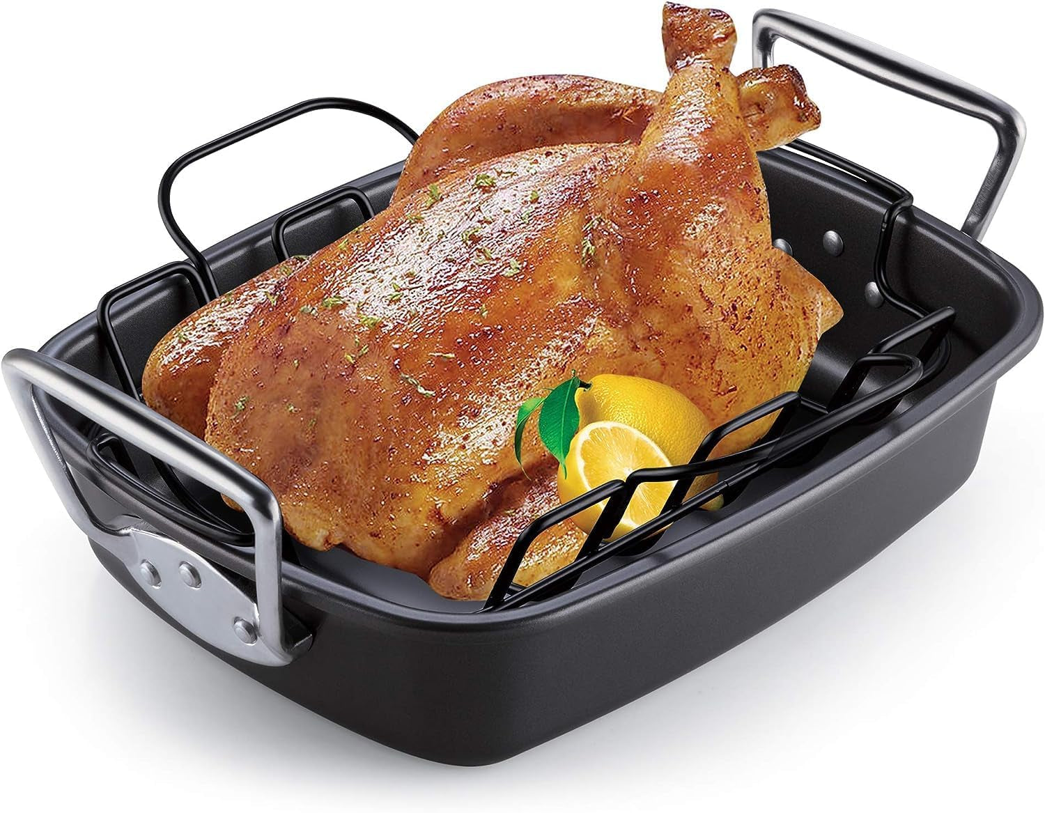 Cook N Home Nonstick Roasting Pan Bakeware Roaster with Rack. 17X13-Inches. Black