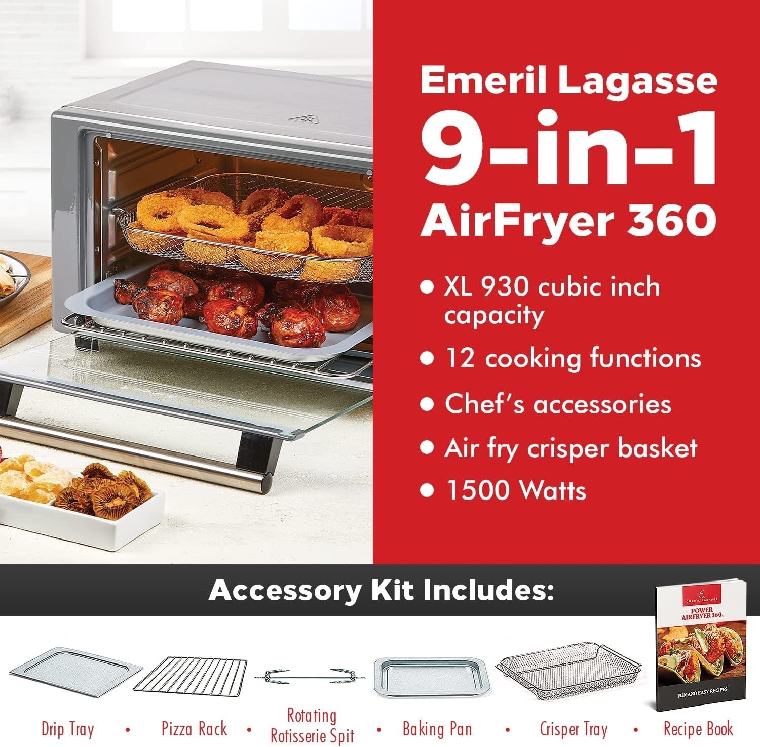 Emeril Lagasse Everyday 360 Stainless Steel Air Fryer. 360° Quick Cook Technology. XL Capacity. 9-In-1. 12 Pre-Set Cooking Functions Including Bake. Rotisserie. Broil. Pizza. Slow Cook. Toaster - Image 2