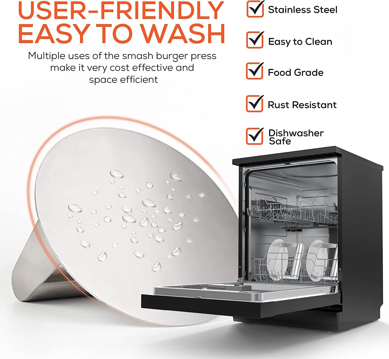 OVOQE 6.2 Inch Heavy Duty Stainless Steel Smash Burger Press. round Stainless Steel Professional Burger Smasher/Hamburger Patty Maker. Griddle Accessories Kit for Flat Top Grill. Rust-Free Easy Clean. - Image 5