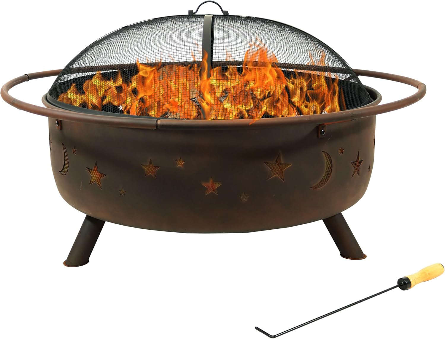 Sunnydaze Cosmic 42-Inch Large Outdoor Fire Pit - Wood-Burning Fire Pit with round Spark Screen. Poker. and Built-In Grate - Image 11