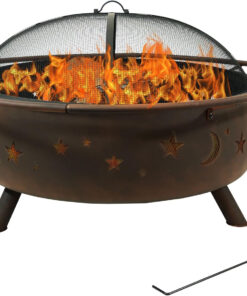 Sunnydaze Cosmic 42-Inch Large Outdoor Fire Pit - Wood-Burning Fire Pit with round Spark Screen. Poker. and Built-In Grate