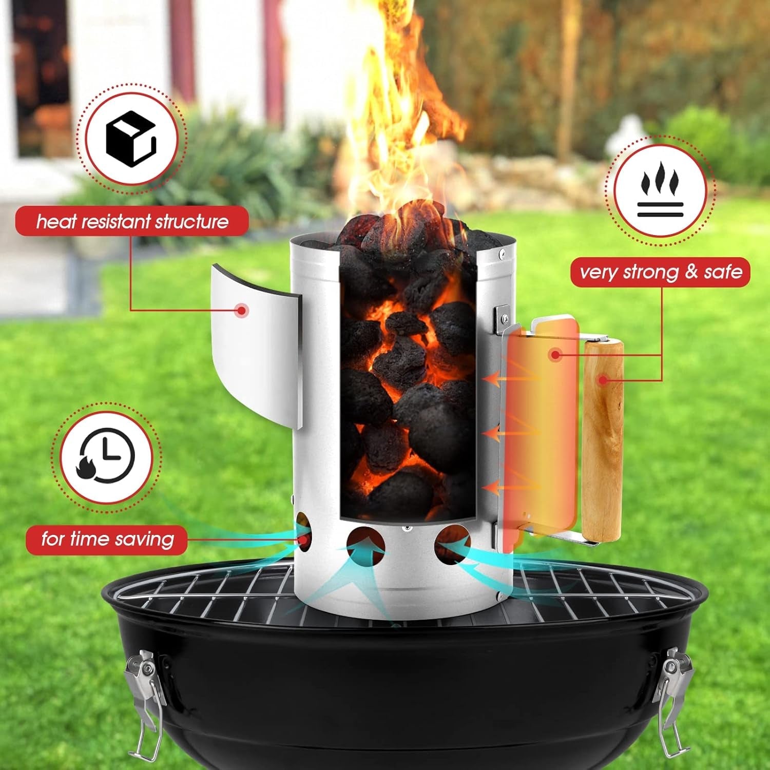 Hasteel Charcoal Chimney. 10.6X6.7 Inch Heavy Duty BBQ Chimney Starter for Outdoor Grilling Barbecue Camping. Quick Rapid Fir Briquette Coal. Heat Resistant Wooden Handle & Screwdriver - Image 5