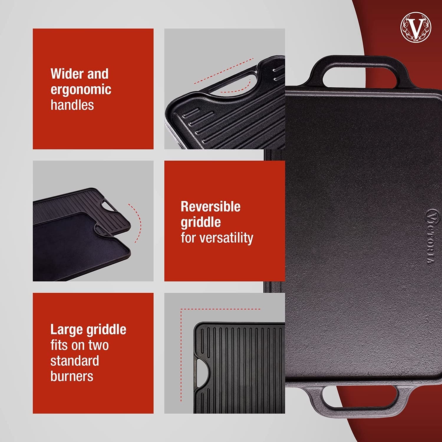 Rectangular Cast Iron Griddle. Double Burner Griddle. Reversible Griddle Grill. 13 X 8.5 Inch. Seasoned with 100% Kosher Certified Non-Gmo Flaxseed Oil. Model: GDL-189 - Image 4