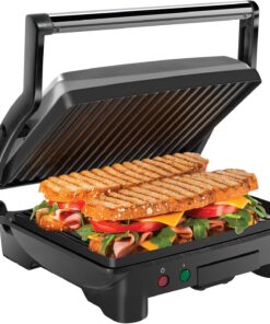 Chefman Panini Press Grill and Gourmet Sandwich Maker Non-Stick Coated Plates. Opens 180 Degrees to Fit Any Type or Size of Food. Stainless Steel Surface and Removable Drip Tray. 4 Slice. Black