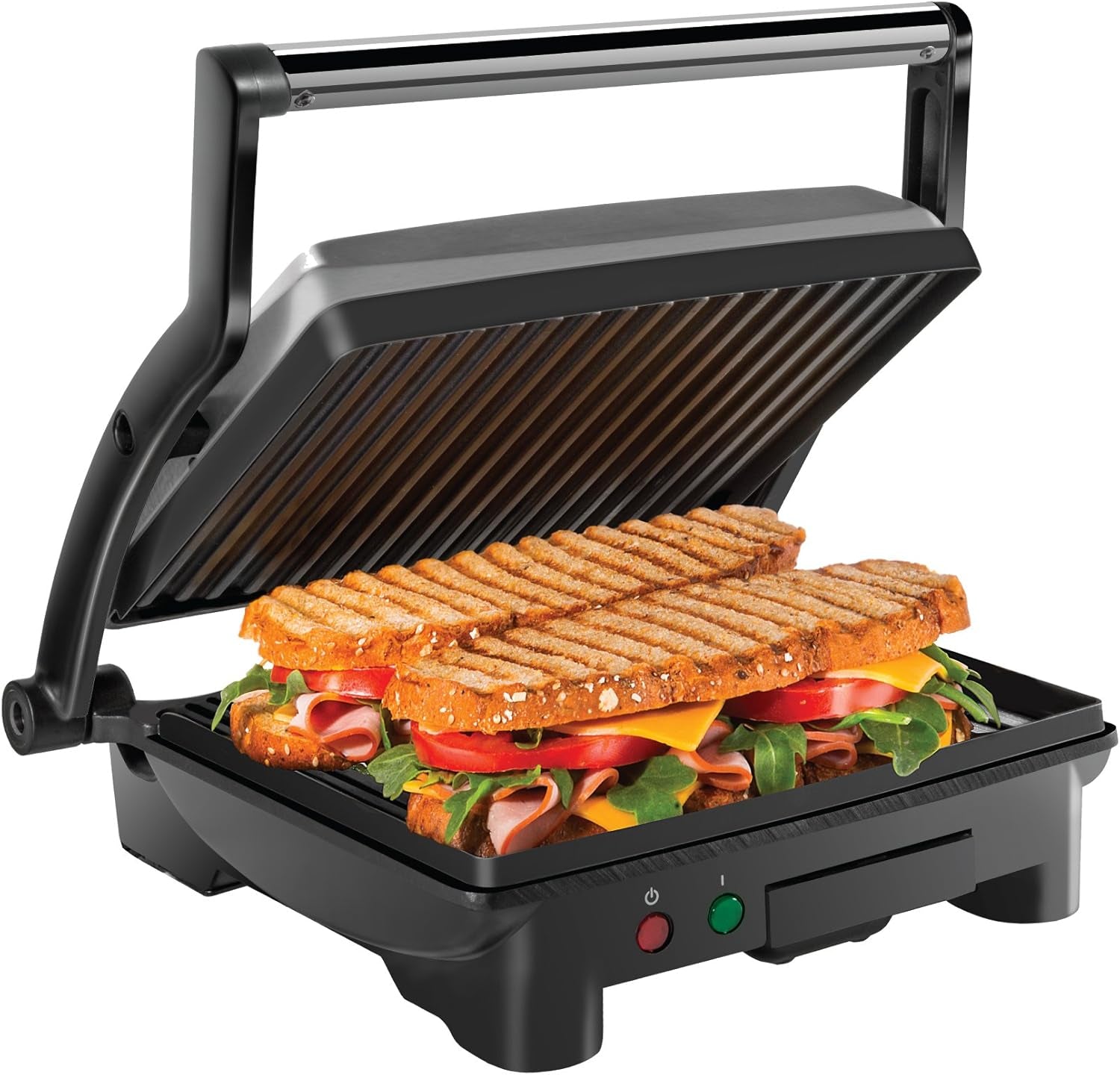 Chefman Panini Press Grill and Gourmet Sandwich Maker Non-Stick Coated Plates. Opens 180 Degrees to Fit Any Type or Size of Food. Stainless Steel Surface and Removable Drip Tray. 4 Slice. Black