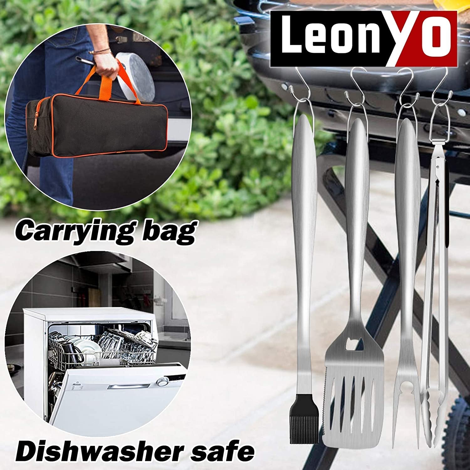 Grill Tools Set of 6. 18-Inch Extra-Long BBQ Tool Set. Heavy-Duty Barbecue Grilling Accessories. Stainless Steel Spatula. Fork. Tong. Basting Brush. Cleaning Brush & Carrying Bag - Black Handle - Image 7