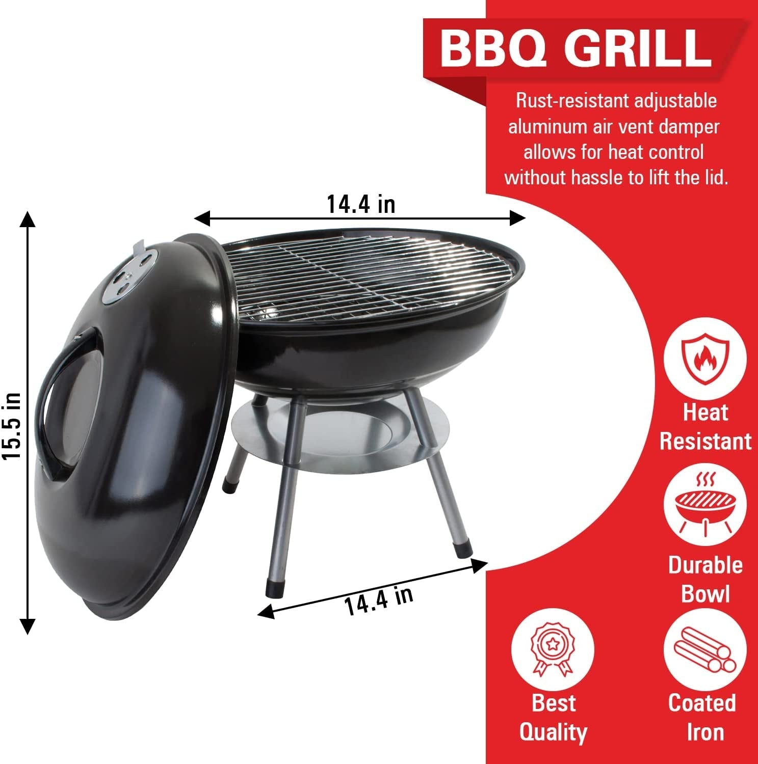 Alpine Cuisine Premium 14 Charcoal BBQ Grill round for Outdoor Cooking. Barbecue Coal Kettle Bowl Grill Portable Heavy Duty round with Legs Grilling for Tailgating Patio Backyard Camping - Black - Image 2