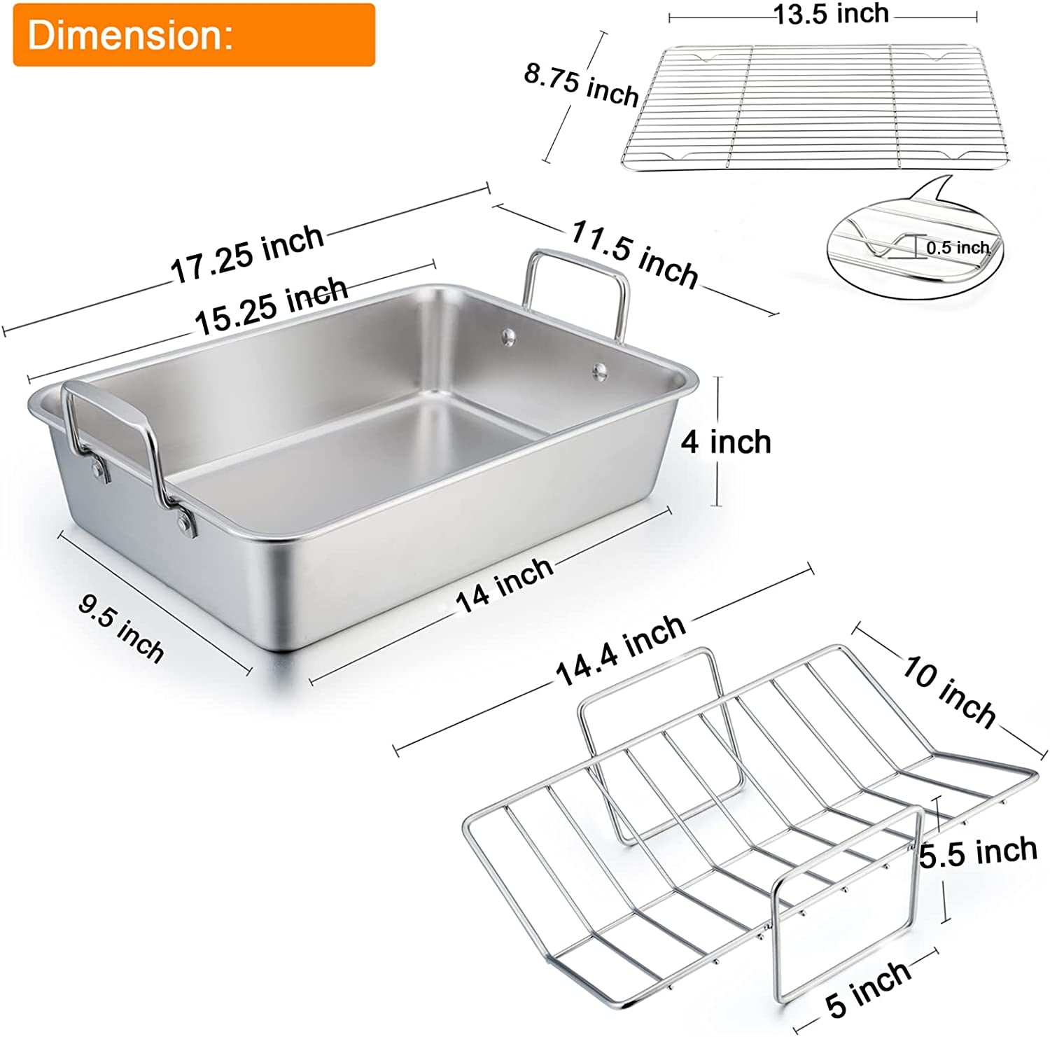 Teamfar Roasting Pan. 15 Inch Large Turkey Roaster Lasagna Pan with V Rack & Cooling Rack Set Stainless Steel for Thanksgiving Christmas. Healthy & Heavy Duty. Deep Side & Dishwasher Safe - 3 PCS - Image 2