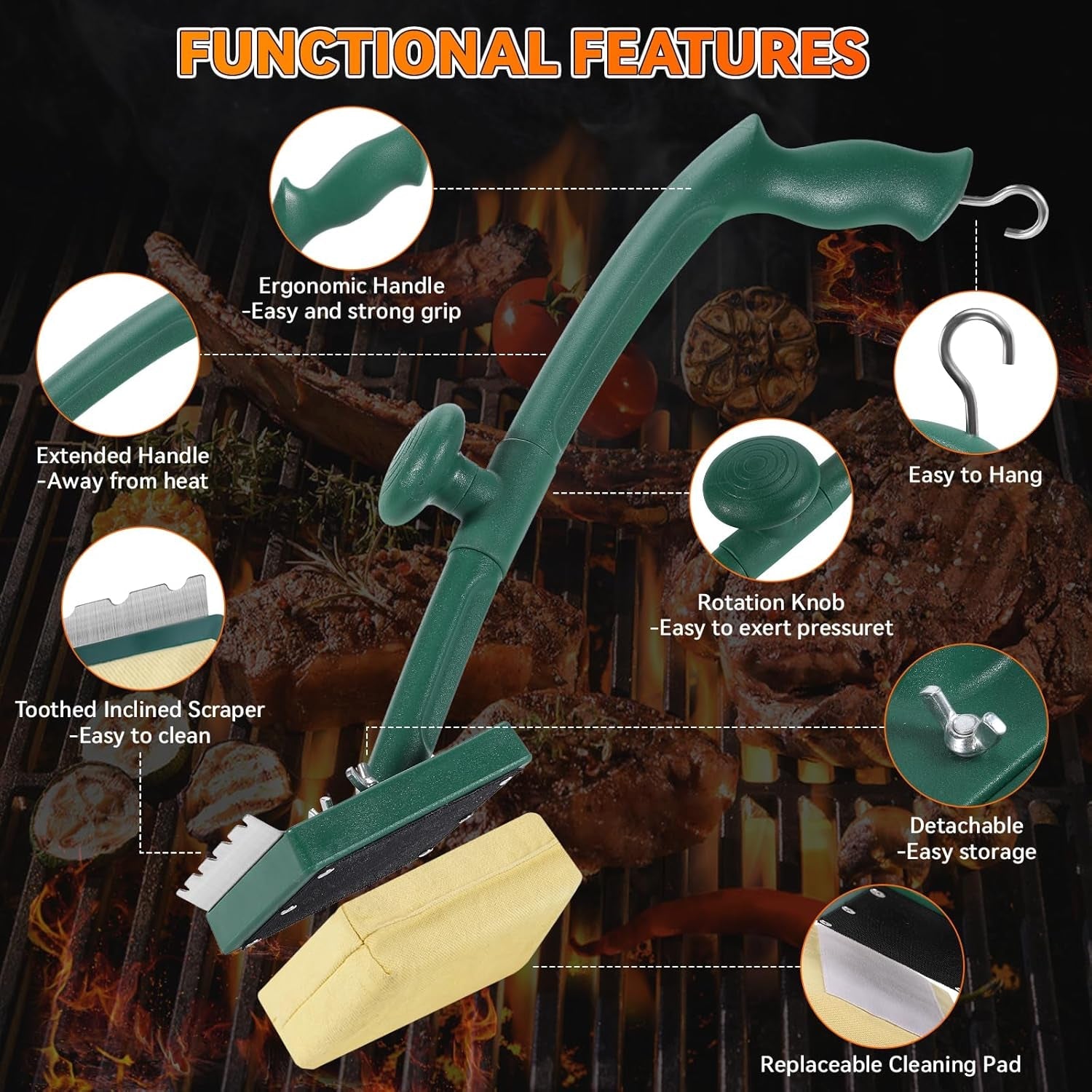 Grill Brush Bristle Free with Scraper.22 Extra Long Steam Grill Brush for Outdoor Grill.Replaceable Cleaning Head.Safe Grill Cleaner for Cast Iron/Stainless-Steel Grates.Ideal BBQ Gifts for Men Dad - Image 4