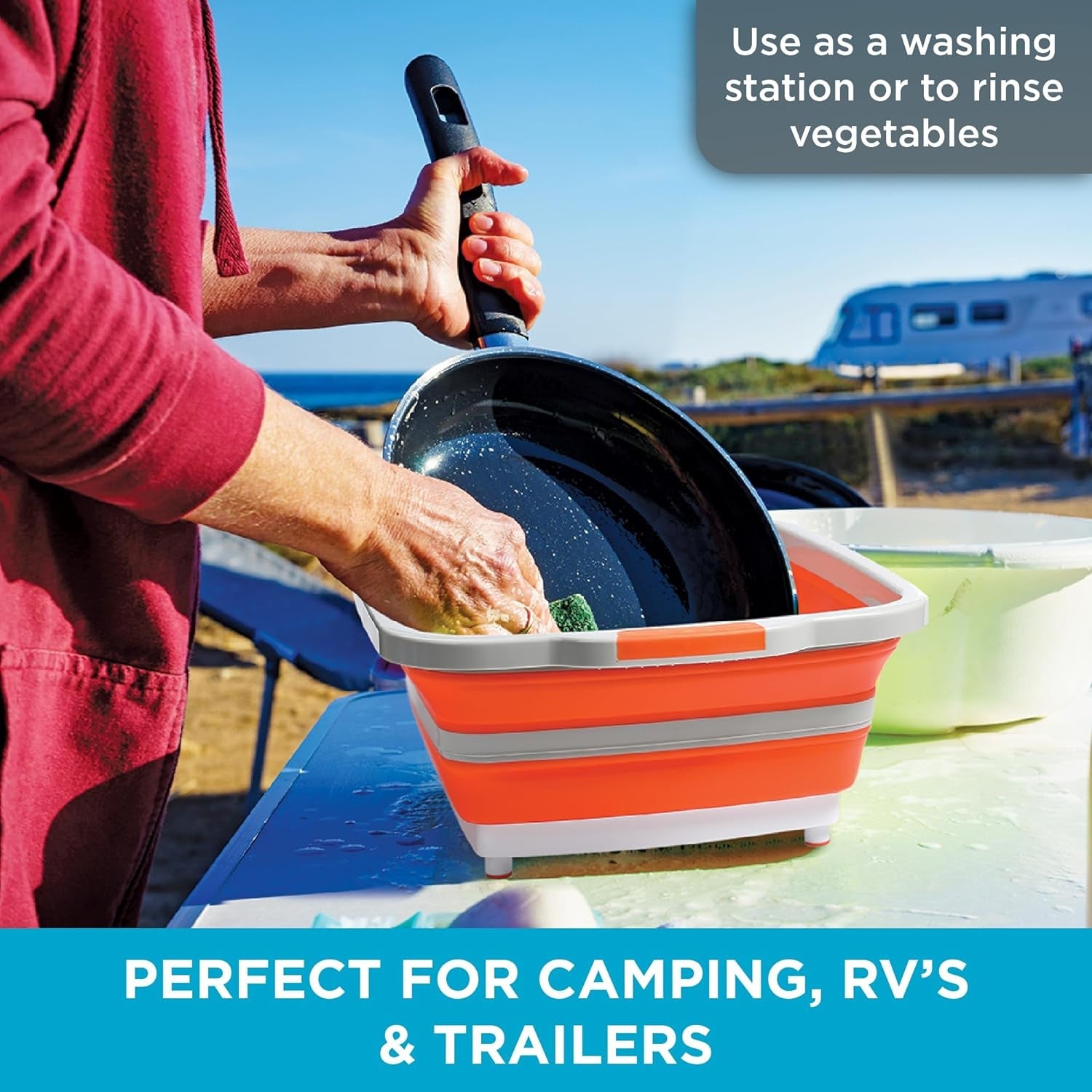 BIRDROCK HOME Large BBQ Collapsible Food Prep & Cutting Board and Grill Caddy Tub with Colander & Lid | 12.4 Quarts | Kitchen Veggie Washing Basket | Silicone Dish Bowl for Picnic. Tailgate. Camping - Image 4