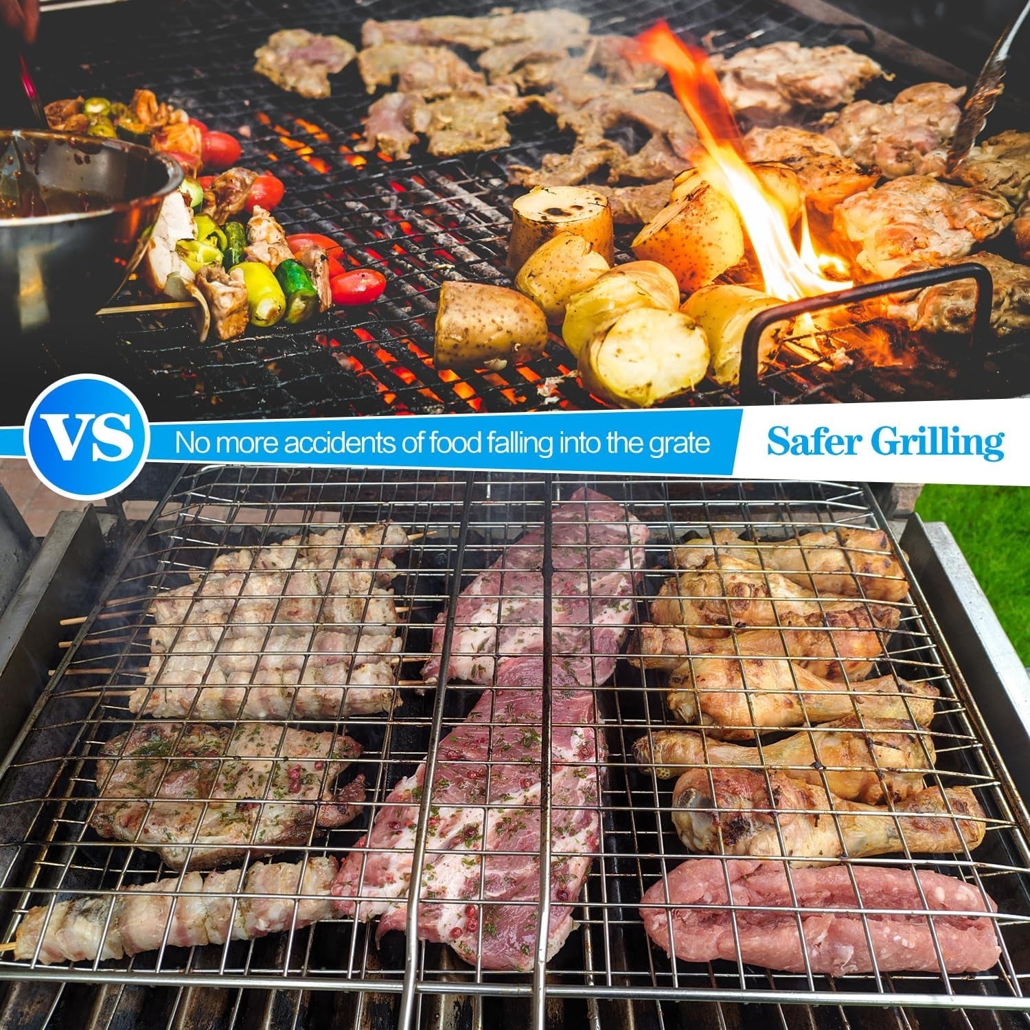 Grill Basket. Large Folding Grilling Basket with Grill Cleaning Brush. Stainless Steel Grill Basket. for Chicken. Meat. Steak. Chops(1Pcs Large Grill Basket + 1Pcs Brush) - Image 4