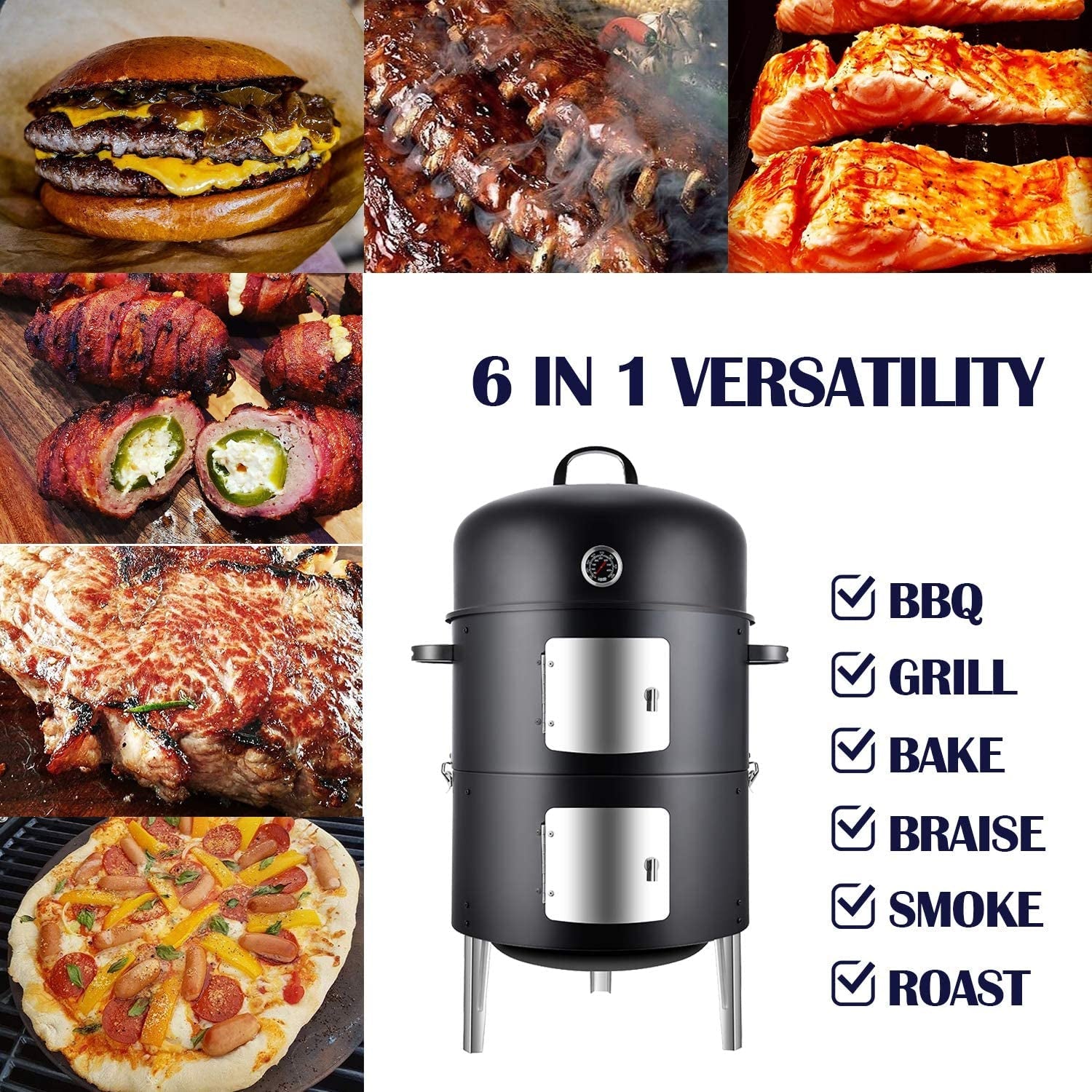 Realcook Vertical 17 Inch Steel Charcoal Smoker. Heavy Duty round BBQ Grill for Outdoor Cooking. Black - Image 7