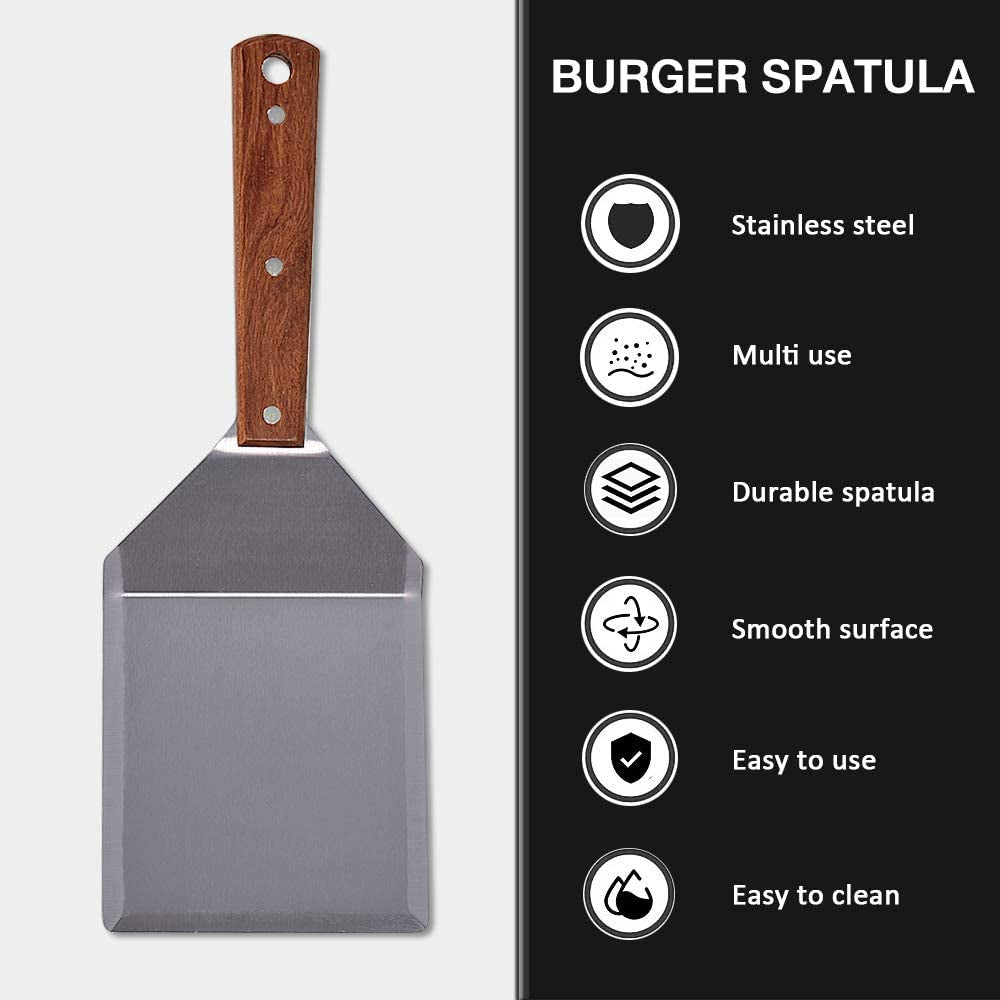 Stainless Steel Griddle Hamburger Spatula with Strong Wooden Handle. 13.5 X 5 Inches. Heavy Duty Spatula Turner with a Hook. Great for Pancake Flipper. Fish. Eggs. Burgers. Omelet and More - Image 5
