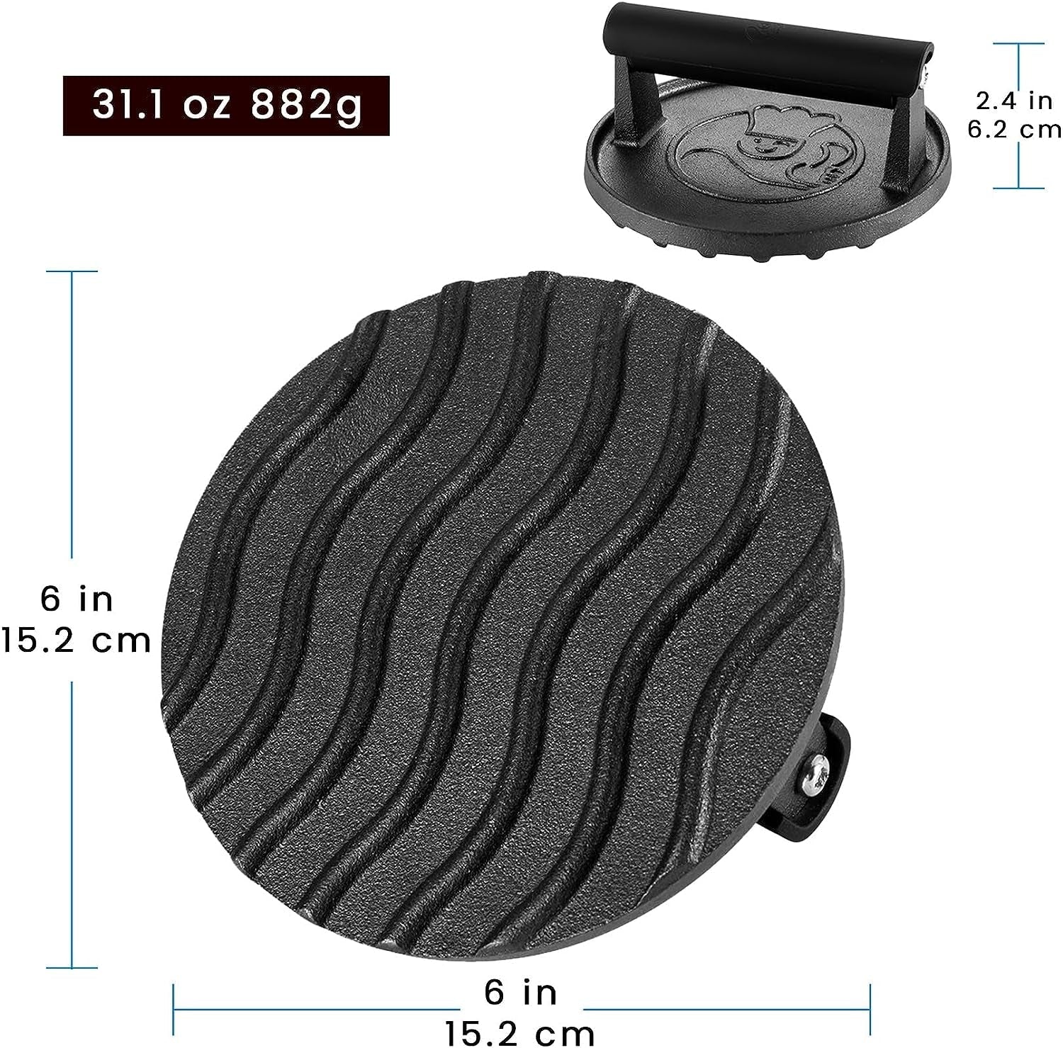 Smash Burger Press - Heavy Duty Hamburger Press W/Heat Resistant Handle - Cast Iron Grill Press. Bacon Press. Sandwich Press - round Burger Smasher for Griddle - Meat Press - BBQ Grilling Accessories - Image 4