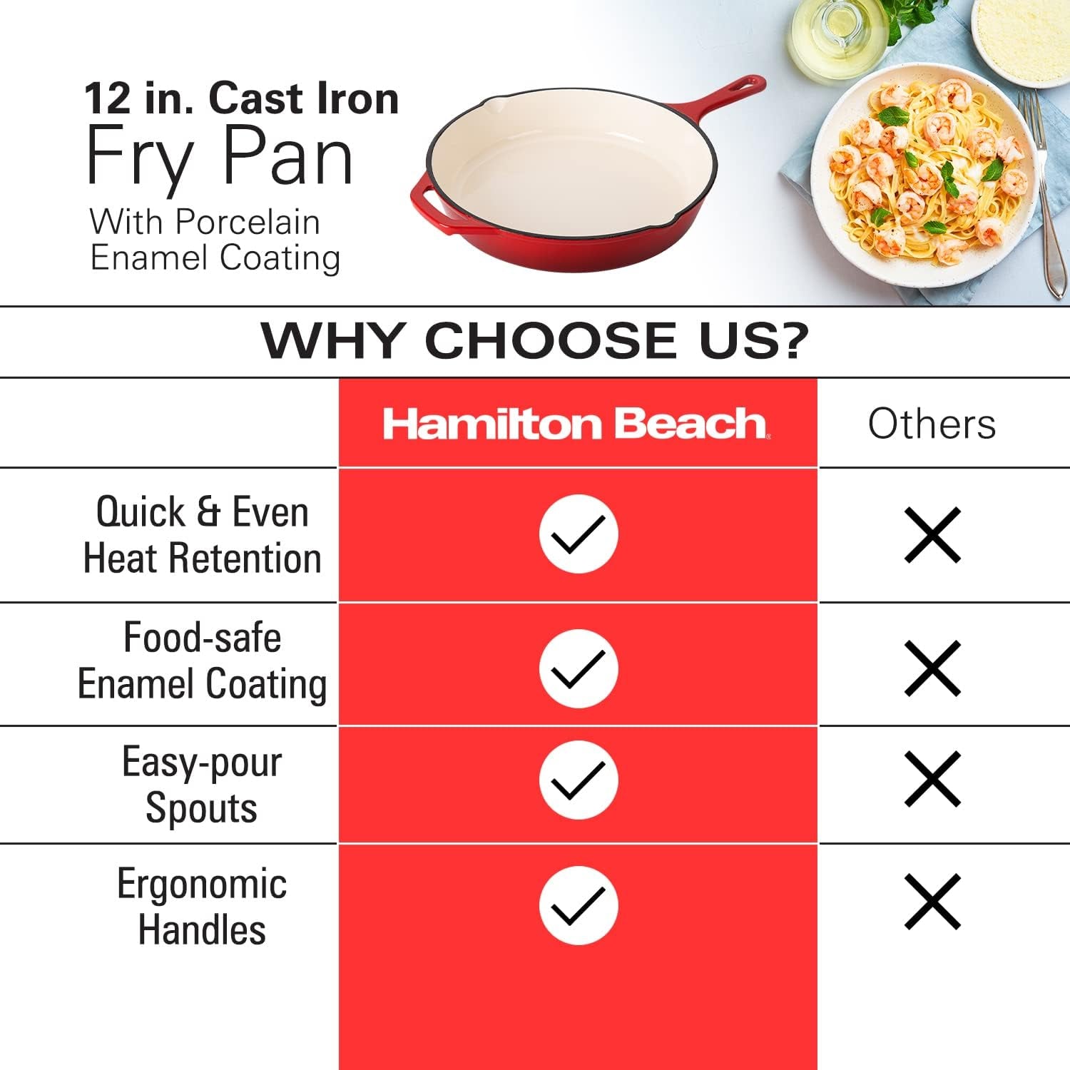 Hamilton Beach Enameled Cast Iron Fry Pan 12-Inch Red. Cream Enamel Coating. Skillet Pan for Stove Top and Oven - Image 4