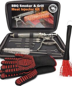 BBQ Smoker Grill Professional Meat Injector Syringe Kit for Smoking with Case. Heat Resistant Non Slip Gloves and Silicone Mop Brush for Turkey Marinade Injection