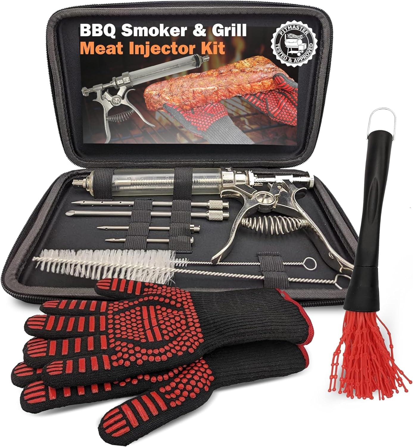 BBQ Smoker Grill Professional Meat Injector Syringe Kit for Smoking with Case. Heat Resistant Non Slip Gloves and Silicone Mop Brush for Turkey Marinade Injection