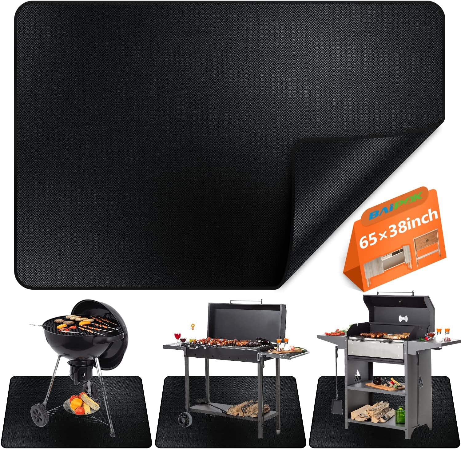 Large under Grill Mat. 65×38 Inches Grill Mats for Outdoor Grill. Double-Sided Fireproof Oil Proof Grill Mat for Outdoor Charcoal. Flat Top. Smokers. Gas Grills. BBQ. Reusable Deck Patio Protect Mat