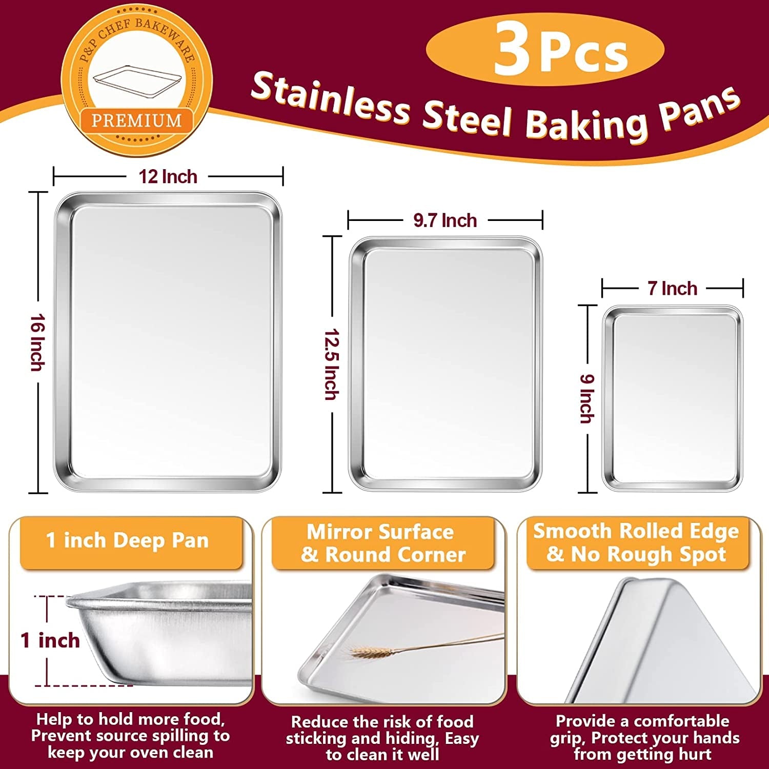 P&P CHEF Baking Sheet and Rack Set. 6 PACK (3 Sheets + 3 Racks). 3 Sizes Stainless Steel Baking Pans Cookie Sheets with Cooling Racks for Cooking & Roasting. Oven & Dishwasher Safe. Healthy & Durable - Image 2