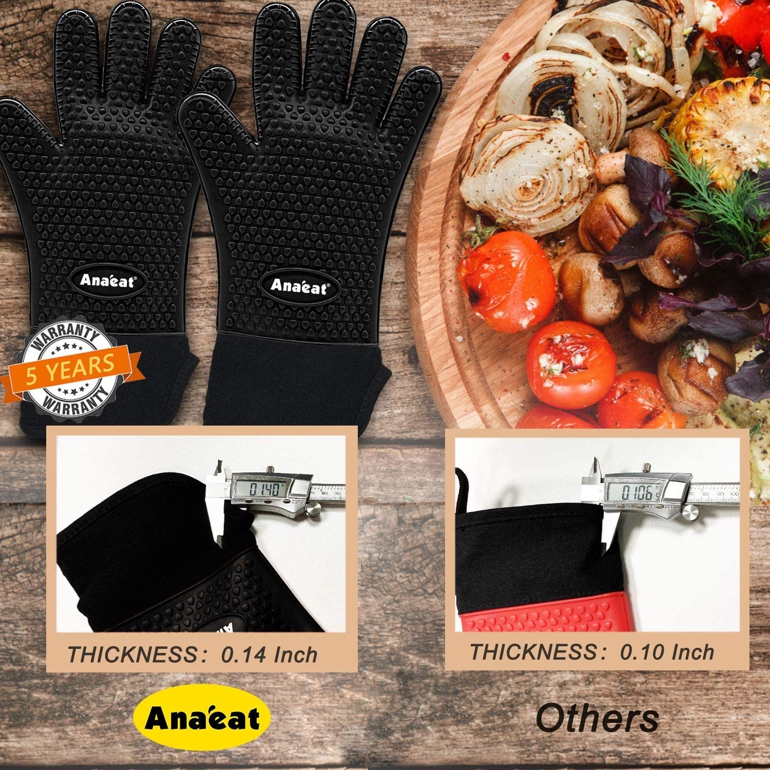 Anaeat BBQ Grilling Gloves Heat Resistant. Versatile Waterproof Cooking Gloves - 100% Cotton Lining Silicone Oven Mitts. Flexible Potholder for Barbecue. Baking - Thick Long Wrist Protection (Black) - Image 4