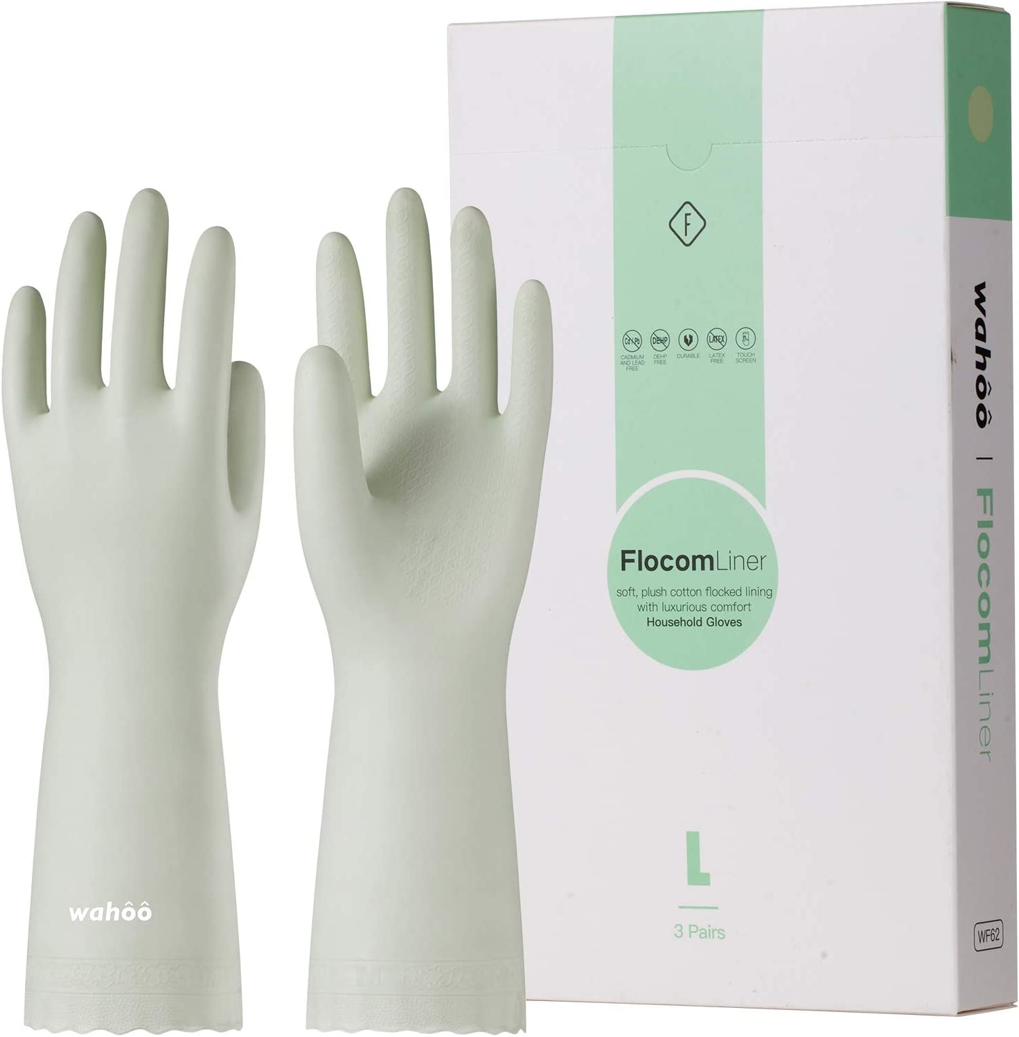 LANON 3 Pairs Wahoo Skin-Friendly Cleaning Gloves. Dishwashing Kitchen Gloves with Cotton Flocked Liner. Reusable. Non-Slip. Canary Green. Medium