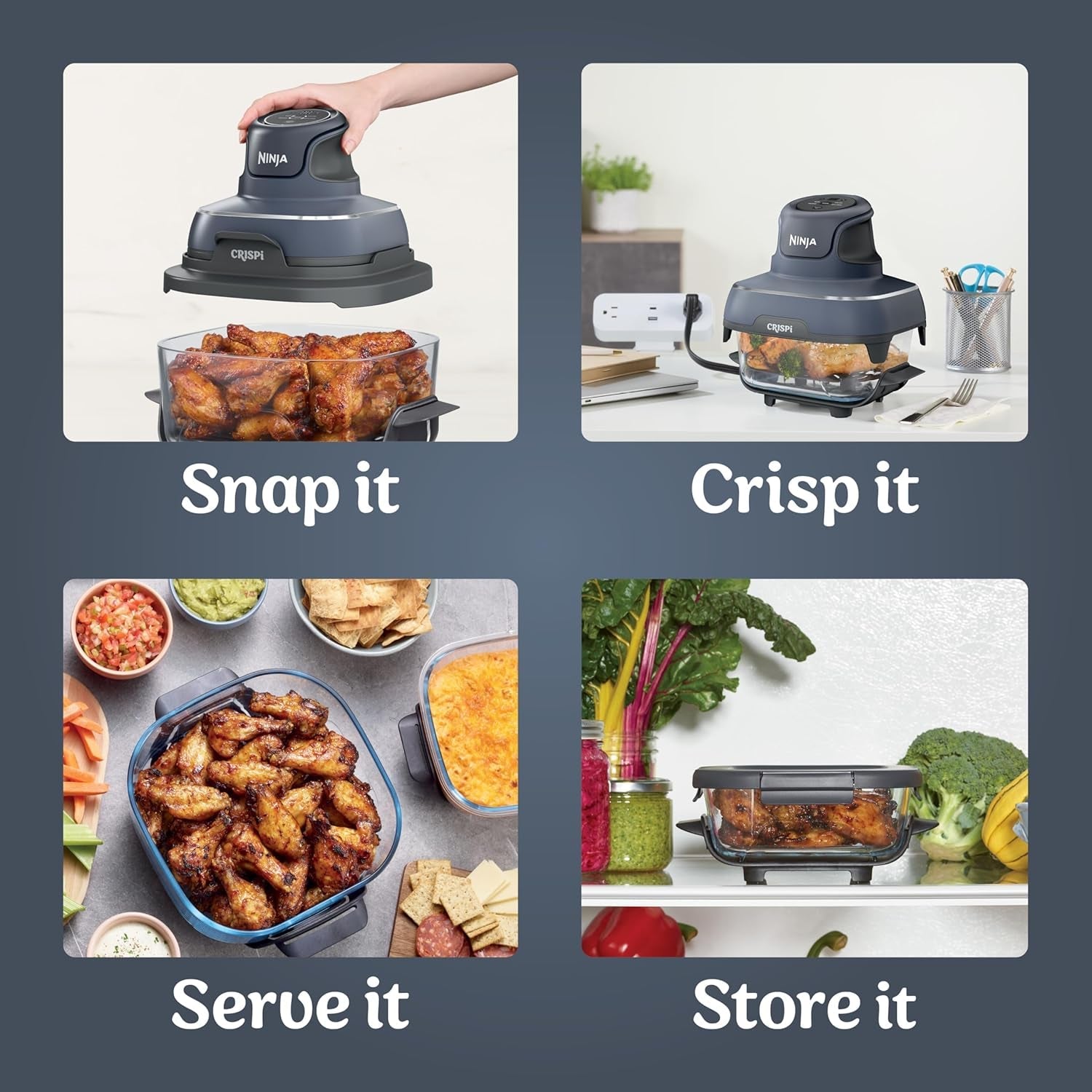 Ninja Crispi 4-In-1 Portable Glass Air Fryer Cooking System. 1500W. 4QT & 6-Cup Tempware Glass Containers with Storage Lids. Microwave. Freezer & Dishwasher Safe. Cyberspace Gray. FN101GY - Image 6