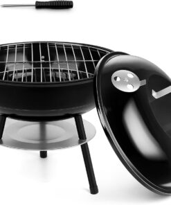 Hasteel 14 Inch Charcoal Grill. Small Black Enamel Outdoor BBQ Grill. Mini Flat Top Kettle Barbecue Grill with Screwdriver. Portable for Backyard Garden Camping Cooking Smoking. Dual Venting System