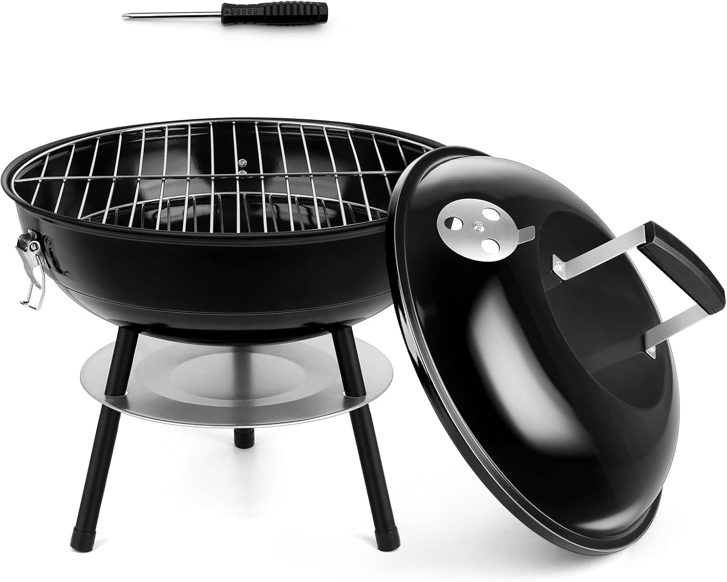 Hasteel 14 Inch Charcoal Grill. Small Black Enamel Outdoor BBQ Grill. Mini Flat Top Kettle Barbecue Grill with Screwdriver. Portable for Backyard Garden Camping Cooking Smoking. Dual Venting System - Image 7