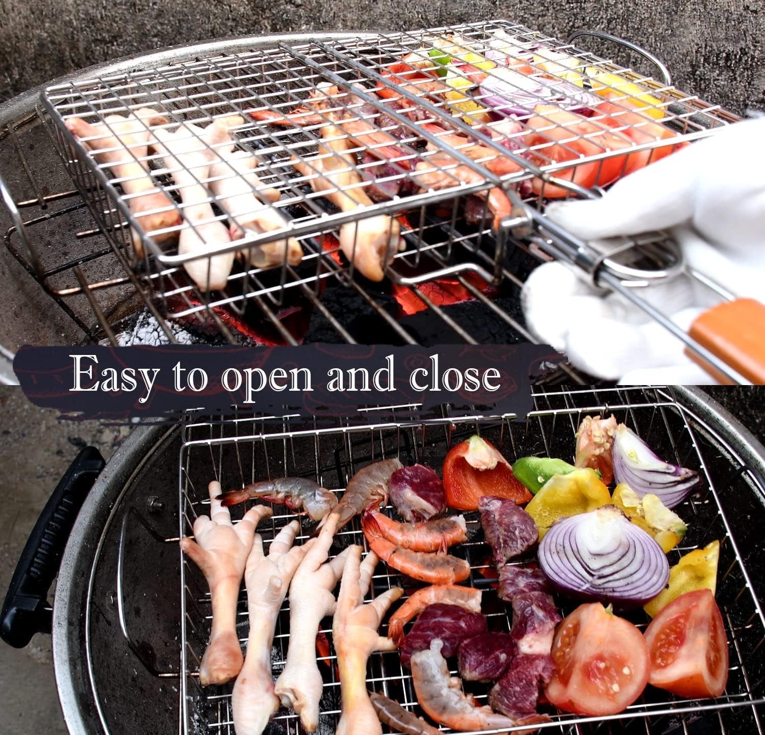Grill Basket Stainless Steel BBQ Grilling Basket with Burger Press Set.Grill Basket for Fish.Vegetables BBQ Camping Accessories Outdoor Grilling Gifts for Men Dad Folding Grill Basket with Removable Handle - Image 5