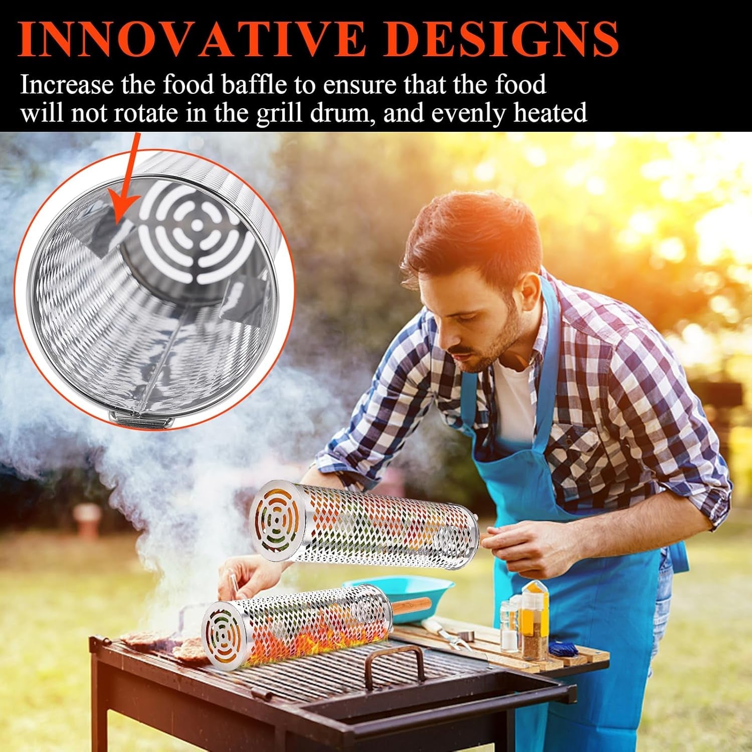 Rolling Grill Baskets(2 PCS).304 Stainless Steel with Removable Wooden Handle. Rolling Grilling Net for Vegetables. Shrimp. Fish. BBQ Accessories for Outdoor Cooking. Camping. Birthday Gifts for Men. Dad. Husband - Image 5