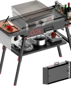 Portable Grill Table with Double-Shelf for Outdoor Prep.Folding Grill Stand Fits Blackstone Griddle 17 Inch 22 Inch. Tabletop Propane Gas Grill. Camping BBQ Cooking. Stainless Steel. Black