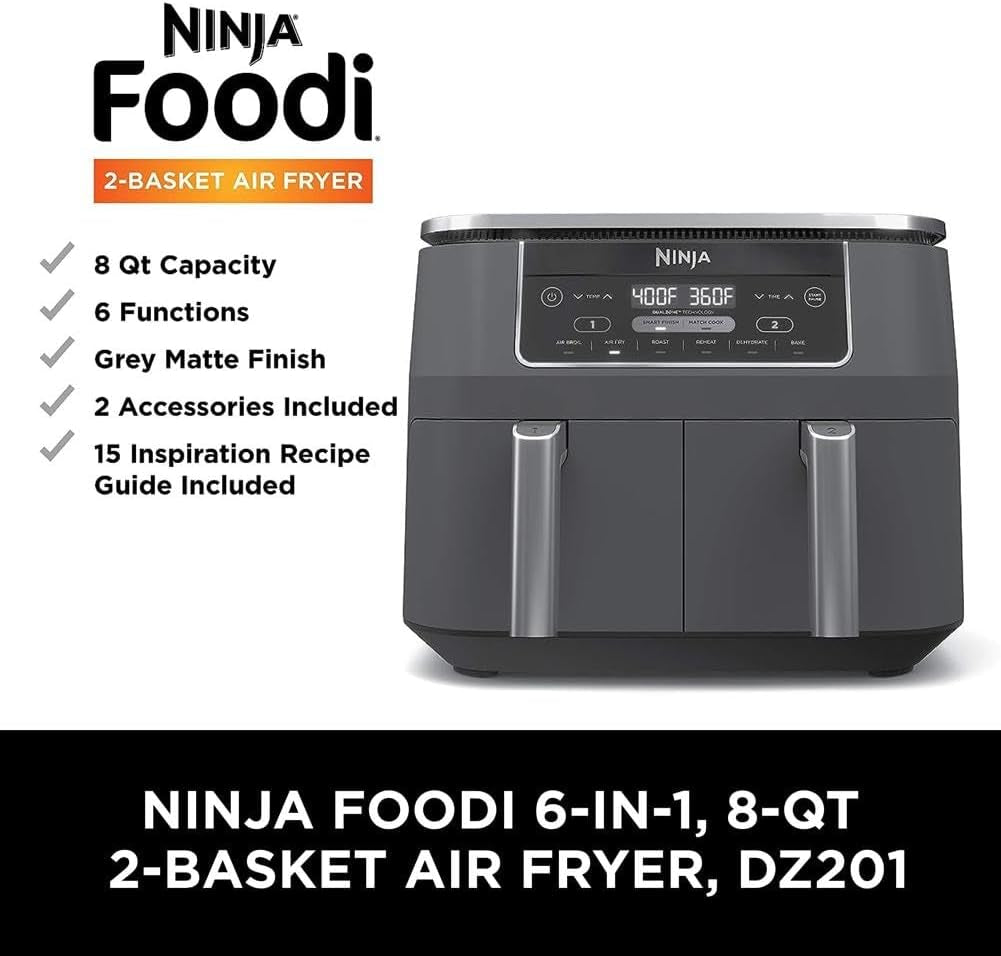 Ninja DZ201 Foodi 8 Quart 6-In-1 Dualzone 2-Basket Air Fryer with 2 Independent Frying Baskets. Match Cook & Smart Finish to Roast. Broil. Dehydrate & More for Quick. Easy Meals. Grey - Image 10