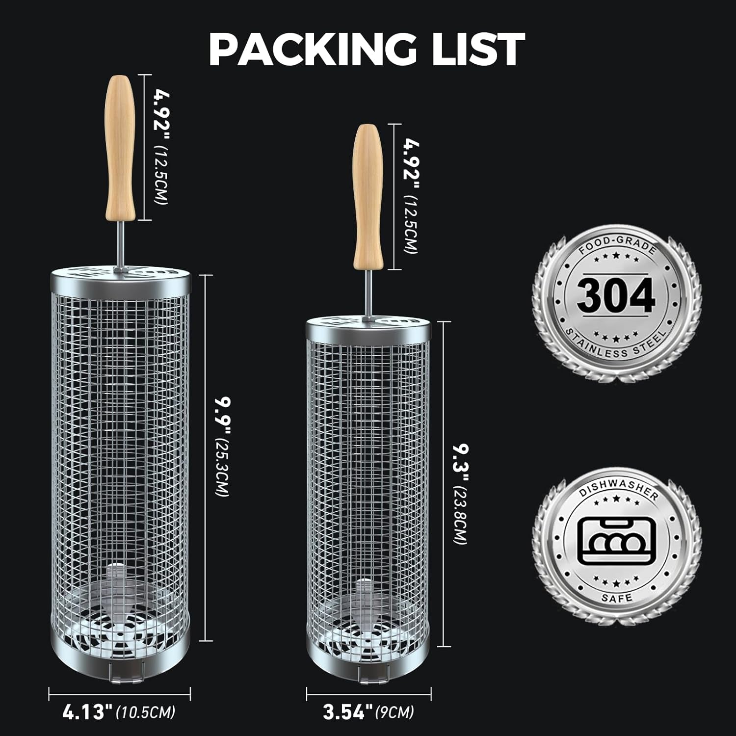 Rolling Grill Basket(2Pcs). Removable Wooden Handle. 304 Stainless Steel. Grilling Accessories Tools for Vegetables Meat Food. Outdoor Camping Grilling. Birthday Gifts for Men Husband Men - Image 2