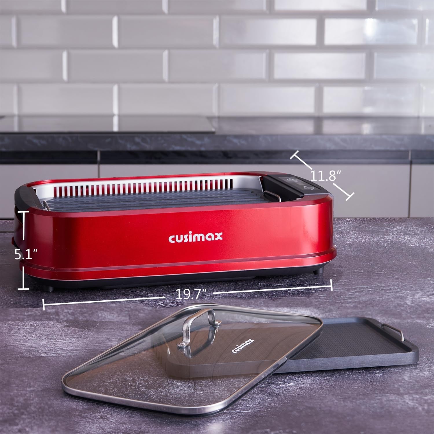 Indoor Grill. CUSIMAX Smokeless Grill Indoor. Electric Grill Griddle. 1500W Korean BBQ Grill with LED Smart Display & Tempered Glass Lid. Non-Stick Removable Grill Plate & Griddle Plate. Red - Image 6