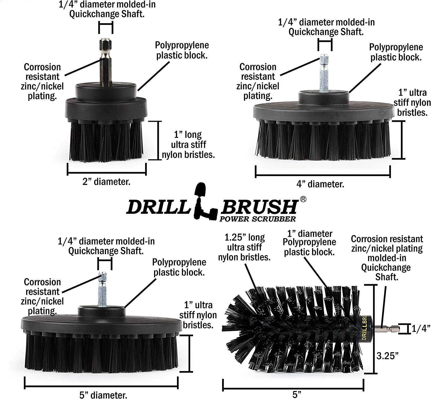 - 4 Piece Black Drillbrush Ultra Stiff Cleaning Brush Set - Metal Brush for Drill Alternative - Grill Brush for Cordless Drill - Grill Grate Cleaner Brush - Image 6