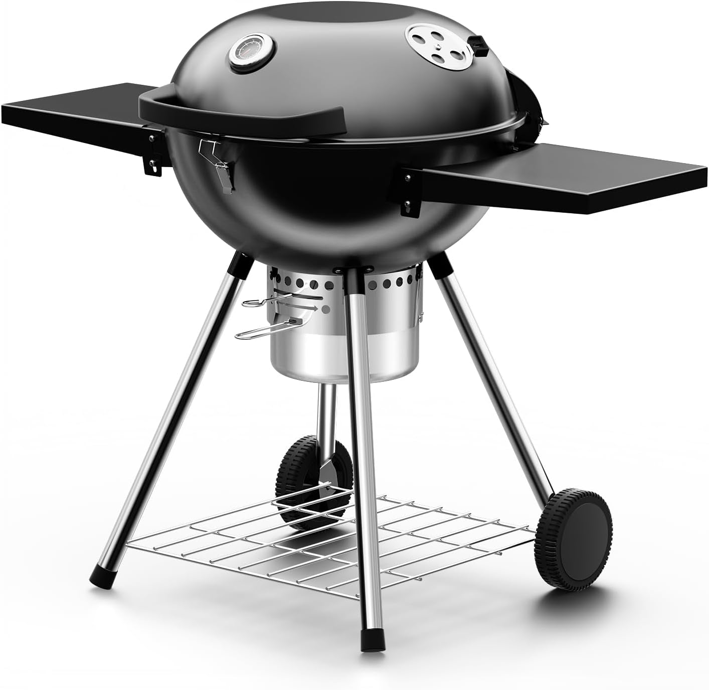 22 Inch Charcoal Grill with 2 Foldable Side Tables.Charcoal Kettle Grills with Wheels.Outdoor Bbq Grill.Portable Charcoal Grill for Camping.Party.Backyard (Black) - Image 8