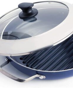 Cookware Diamond Infused Ceramic Nonstick 11 Grill Genie Pan with Lid Pfas-Free Dishwasher Safe Oven Safe Blue