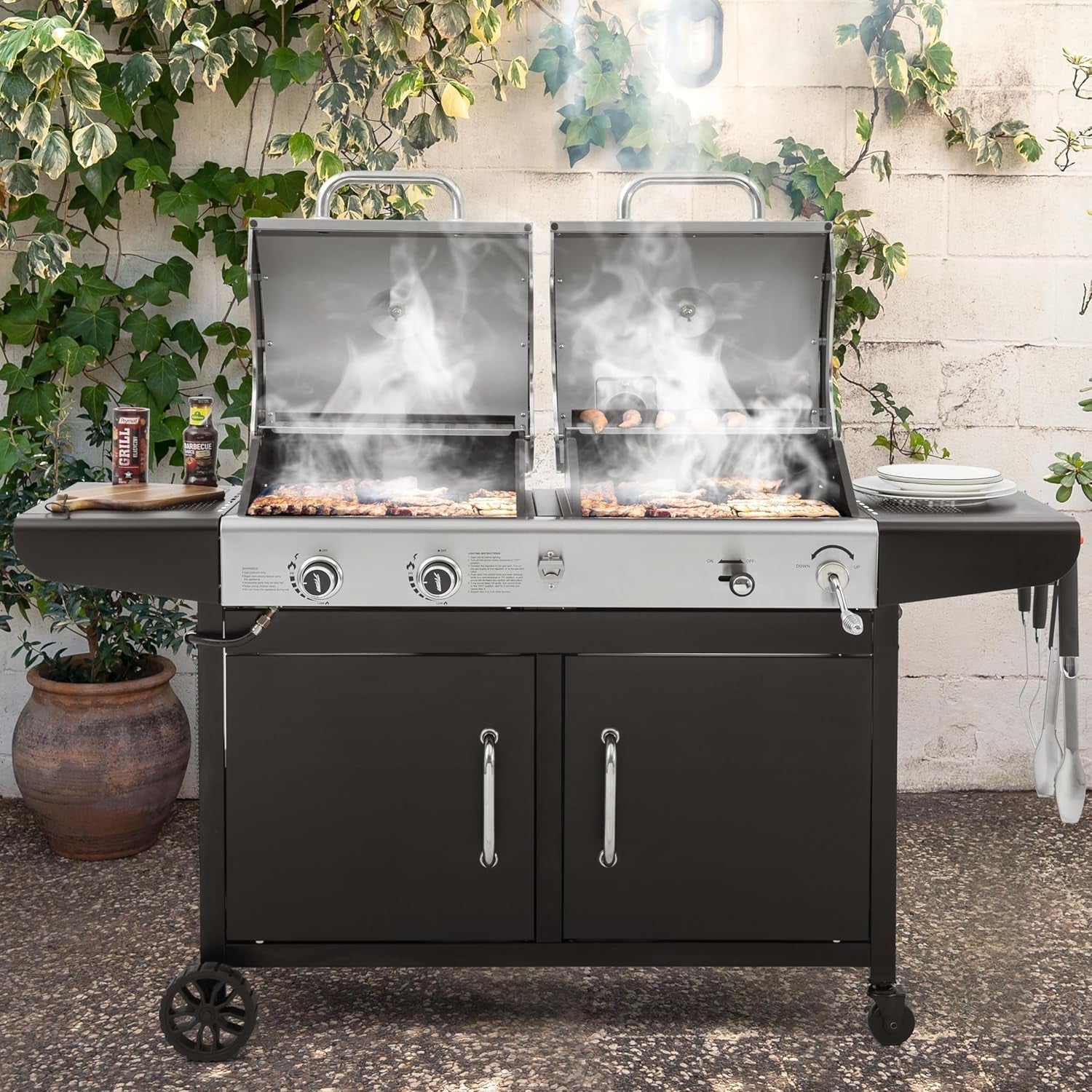Royal Gourmet ZH3002N Propane Gas and Charcoal Grill Combo. Dual Fuel BBQ Grill with 2 Side Shelves for Outdoor Patio Garden Backyard Barbecue. 20.000 Btus. Silver & Black - Image 2