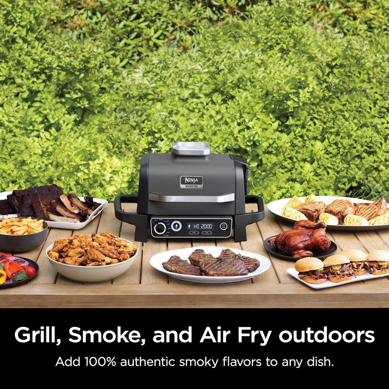 Ninja | Woodfire Series | 7-In-1 (Grill. BBQ. Roast. Air Fry. Dehydrate. Broil. Smoke) | Portable & Weather Resistant | Cook up to 6 Steaks & 30 Hot Dogs | Woodfire Pellets Included | OG701 - Image 2