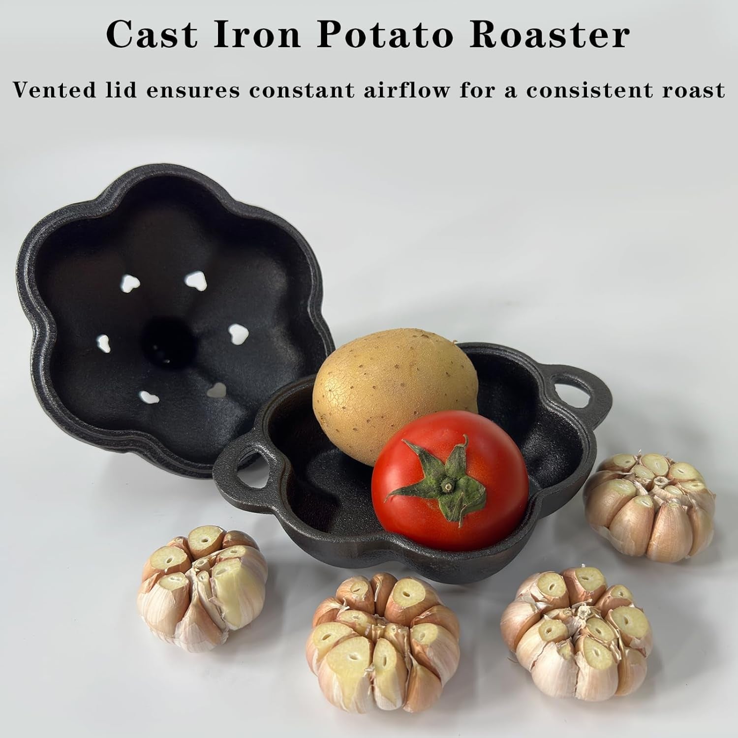 Cast Iron Smoker Roaster & Garlic Roster Baker. Smoker Box. Pre-Seasoned Cast Iron Garlic Roaster for Grill. Perfect for BBQ and Oven. for Smoky. Flavorful Vegetables. Meats or Wood Chips - Image 8