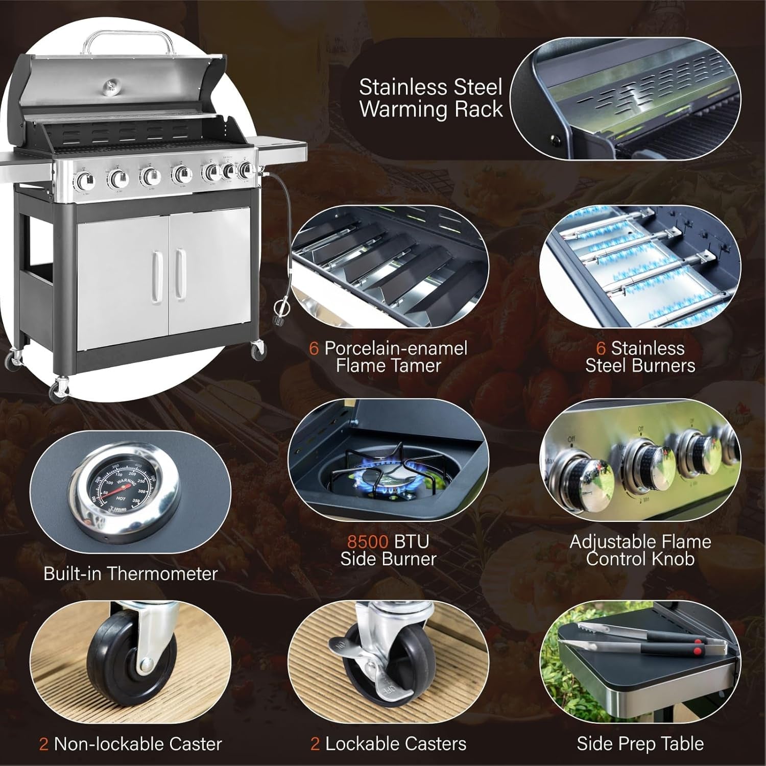 Sophia & William 6-Burner Propane Gas BBQ Grill with Side Burner & Porcelain-Enameled Cast Iron Grates. Stainless Steel Barbecue Grills Outdoor Cooking for Outside. 665 SQ.IN. Cooking Area. 65.800BTU - Image 5