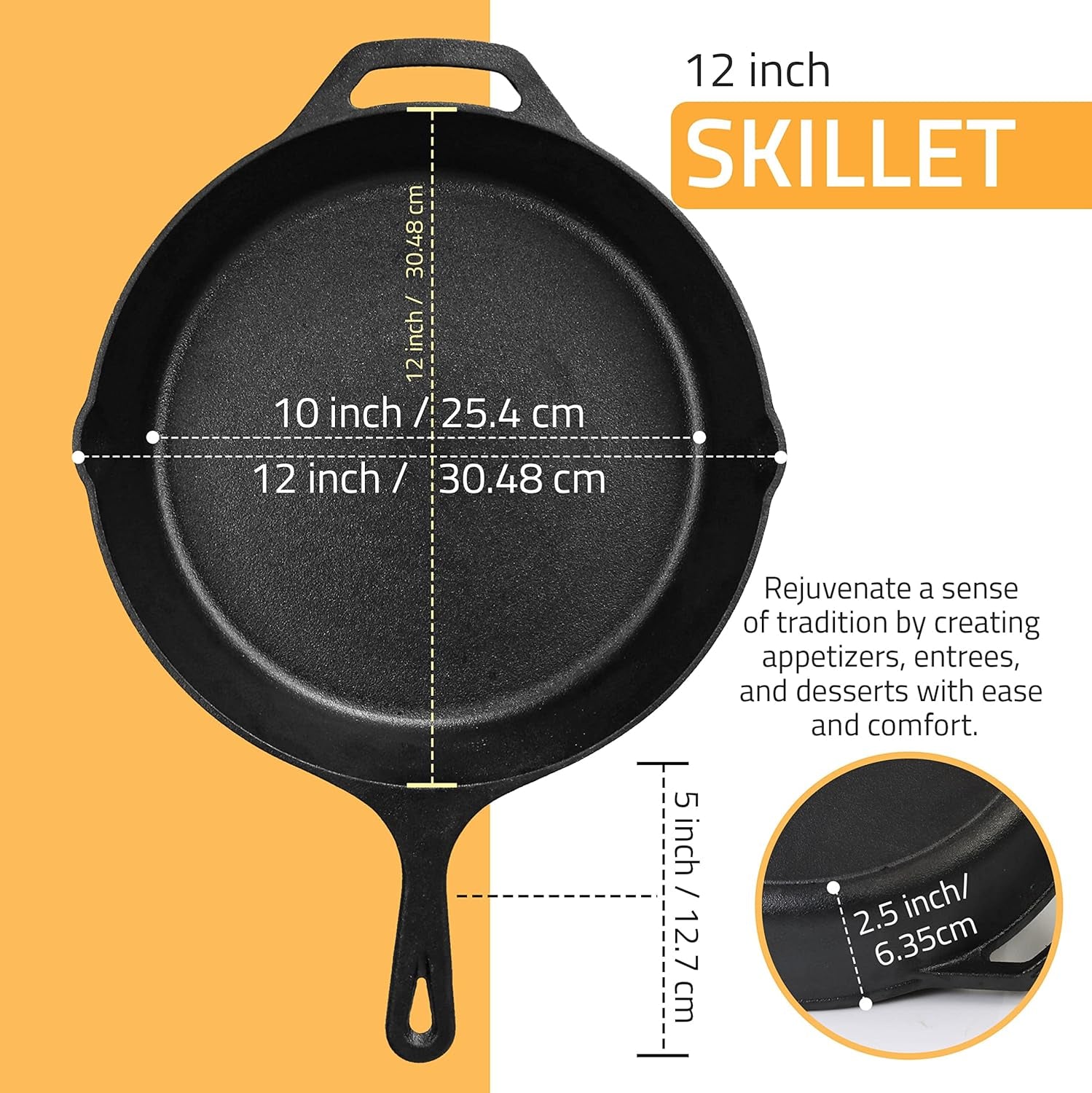 Utopia Kitchen Cast Iron Frying Pan 12 Inch. Cast Iron Chefs Pan. Pre Seasoned Skillet. Safe Grill Cookware for Indoor & Outdoor Use. Black - Image 3