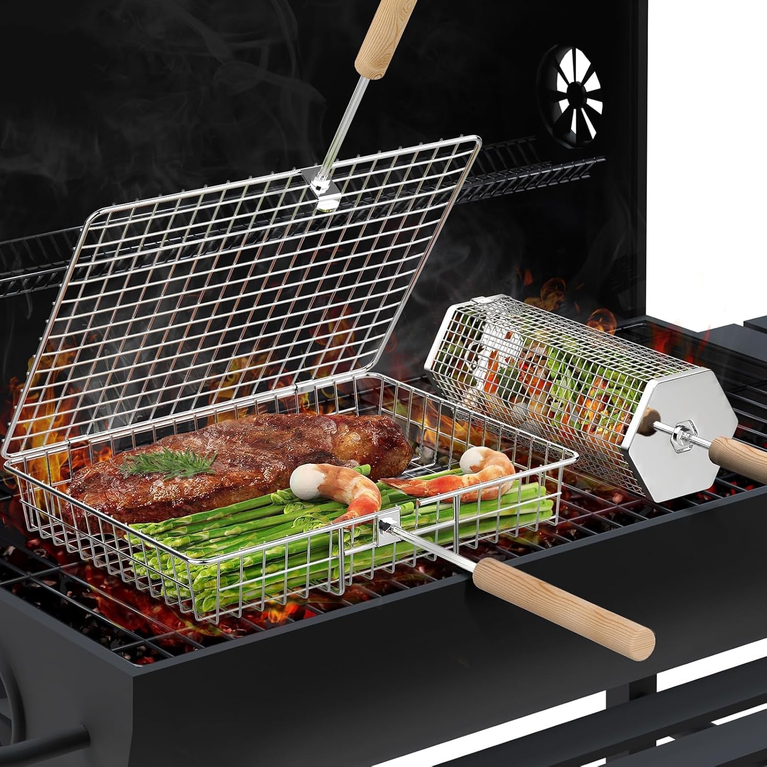 Grill Basket Set(Rectangular+Hexagon). Removable Wooden Handle. 304 Stainless Steel. Rolling Grilling Net. BBQ Accessories Tools for Vegetables Shrimp. Outdoor Cooking Camping. Birthday Gifts for Men Dad Husband
