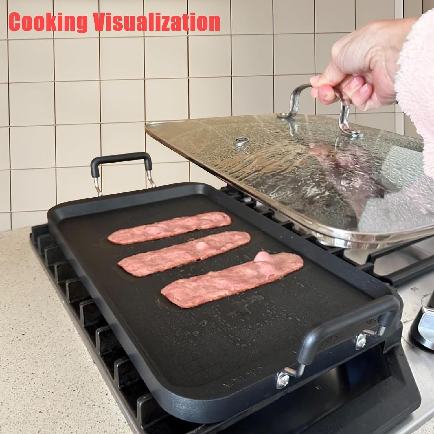 Vayepro 2 Burner Griddle Pan with Glass Lid. Stove Top Flat for Glass Stove Top. Aluminum Pancake. Non-Stick for Gas Grill. Double Burner Camping - Image 3